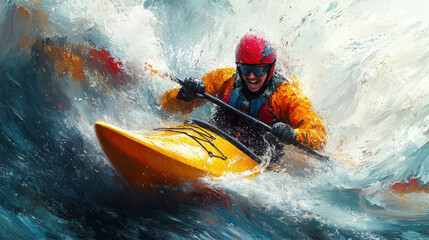 Fototapeta premium A person skillfully maneuvers their kayak through intense whitewater rapids, showcasing excitement