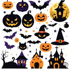 Halloween icons, spooky and festive, vector illustration, black and orange, perfect for holiday decor