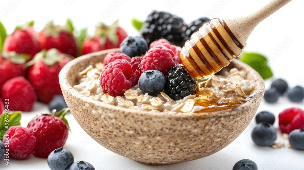 Wall mural a bowl of oatmeal with berries and honey