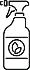 Simple black and white icon of a cleaning product spray bottle with plant leaf symbol for natural ingredients