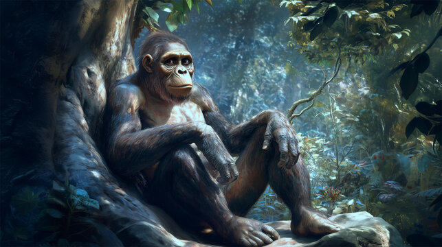 Australopithecus africanus resting in forest, realistic depiction of early hominid

