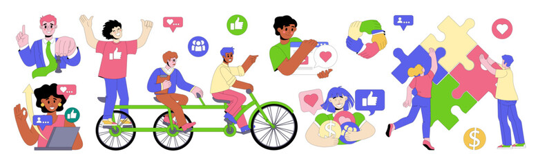 Brand plan strategy. Awareness customer. Growth target. Infographic report. Employees teamwork. Puzzle connection. Budget business. Marketing data icon. Analysis metaphor product. Vector concepts set