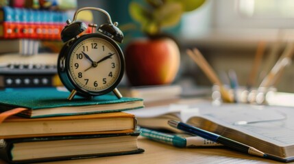 A clock sits on top of a stack of books