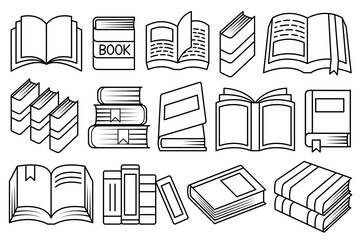 Line art books icon set. Books in different position, opened, closed, side by side, on top of each other. Book outline illustration collection with black thin line