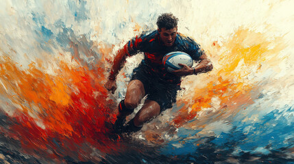 A rugby player charges ahead, showcasing athleticism amidst a vivid, swirling backdrop of colors
