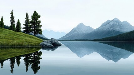 Peaceful lakeside scene in the Canadian Rockies, with mirror-like reflections, hand-drawn in serene detail Travel postcard, Lake landscape, Hand-drawn