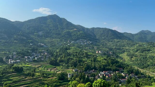 Lianhua Terraced Fields at Nanping Scenic Area in Tiantai, Zhejiang, China. Tourist attraction.