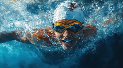 Naklejka premium A competitive swimmer propelling through water with determination during an afternoon event