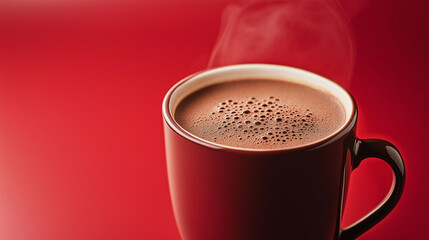 red cup of hot chocolate with smoke on a red background.