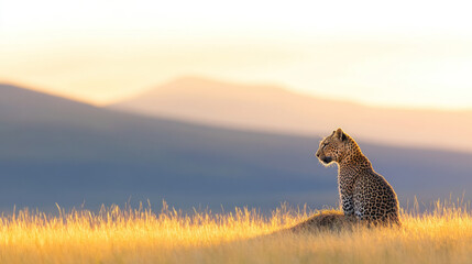 Leopard sitting on a grassy mound in the African savannah at sunrise, with golden light illuminating the grass. The soft morning light and distant hills create a calm and peaceful atmosphere.