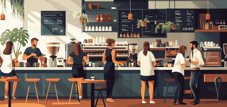 A vibrant coffee shop scene featuring baristas and customers engaged in conversation during a busy morning rush
