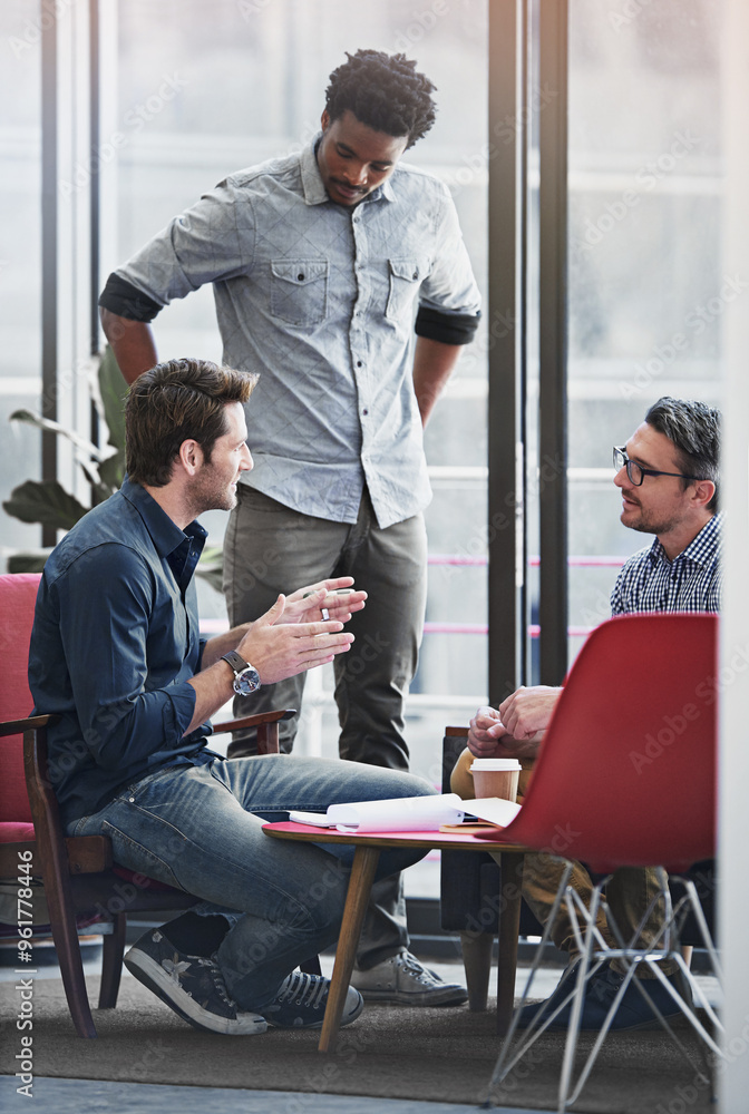 Aufkleber startup, brainstorming and partnership in workplace for teamwork, strategy or pitch with diversity. 