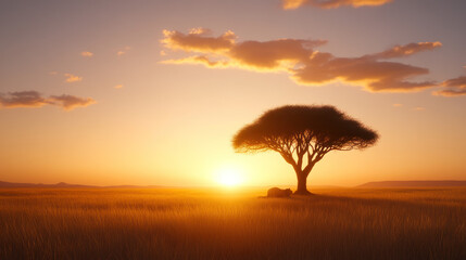 Lone acacia tree in the African savannah at sunset, with a lion resting in its shade. The golden sky and soft clouds create a serene and majestic atmosphere across the vast grasslands.
