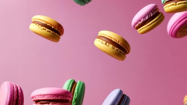Colorful macarons floating on a pink background, playful dessert concept