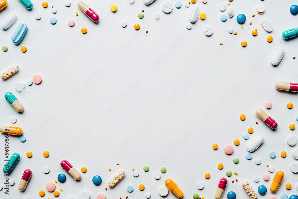 Poster a colorful array of pills and capsules frame a blank canvas of possibilities.