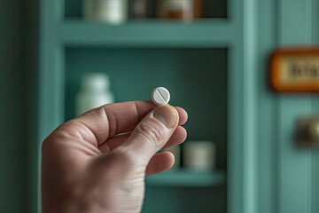 A Single White Pill Held Up, A Medicine Cabinet Blurs In The Background, Representing Health, Care, and the Everyday Struggle with Illness.