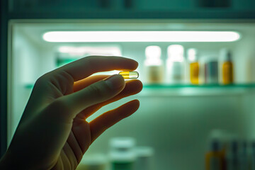 A single pill held up to the light, a moment of decision in a dimly lit room, with a medicine cabinet reflecting the choice.