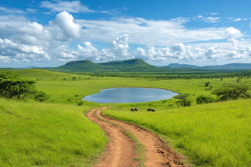 A winding dirt road through the African savannah leads to a waterhole, surrounded by lush green grass and hills. The peaceful and expansive landscape is framed by a bright blue sky with clouds.