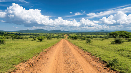 A long dirt road stretching into the distance through the African savannah, surrounded by lush green vegetation under a bright blue sky with large clouds. The scene conveys adventure and vast wilderne