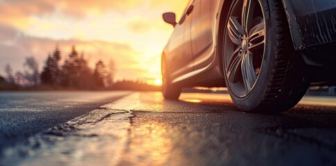 The car is driving on the road, close-up of wheels in motion, blurred background with beautiful landscape and sunset. Background banner for advertising summer travel or family vacation