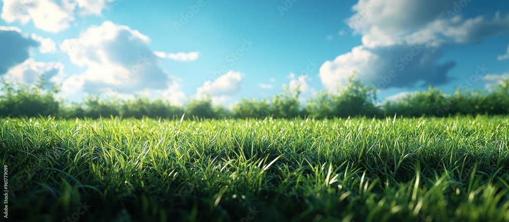 Poster green grass field under blue sky