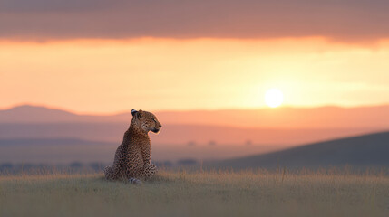 Leopard sitting on a grassy hill in the African savannah at sunset, gazing at the horizon. The warm hues of the setting sun create a peaceful and majestic ambiance across the vast landscape.