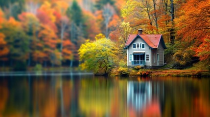 Tranquil photograph of a charming house nestled by a lake amidst a forest of colorful autumn trees. The reflection of the house and trees on the still water adds to the serene and idyllic atmosphere