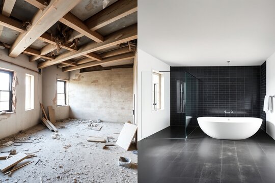 Vom Ruinenraum zum luxuri&ouml;sen Badezimmer: Eine beeindruckende Transformation.