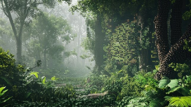 A fusion of nature and technology in a pixelated forest