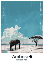 Amboseli National Park Poster Illustration Travel Print Decor Gift Paper Canvas Wall Retro Art