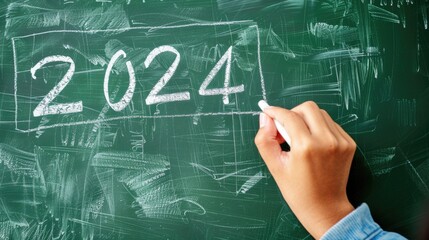 A person is writing the year 2024 on a chalkboard