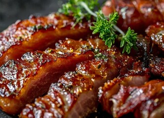 plate meat with sauce and herbs