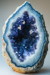 Striking blue geode with intricate crystal formations displayed in detail.
