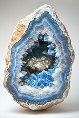 Striking blue geode with intricate crystal formations displayed in detail.
