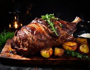 roasting rack lamb with potatoes and herbs