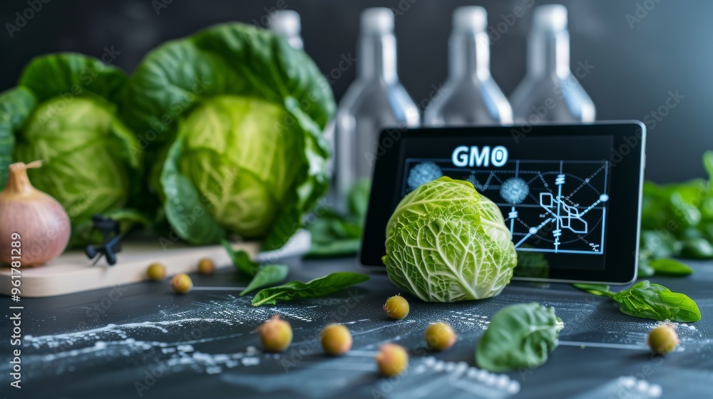 Poster fresh cabbages placed near a digital device displaying gmo concepts in a laboratory setting. the ima
