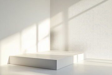 A pristine white platform bathed in sunlight, offering a blank canvas for your product display. Minimalist, elegant, and ready to showcase.