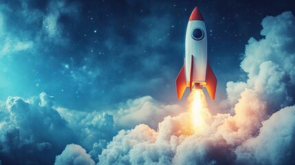 An abstract rocket taking off, the concept of a startup, successful business and teamwork