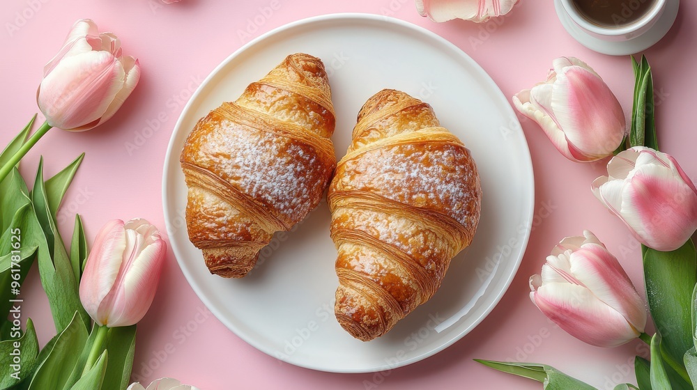 Wall mural Top view of croissants and coffee on pastel pink background, flat lay breakfast scene