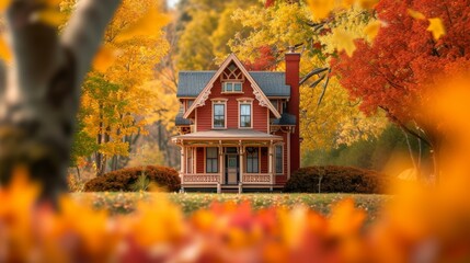 A charming Victorian-style house is nestled among vibrant autumn trees, with the image's focus on the rich fall colors. The blurred foreground leaves frame the house, creating a warm, nostalgic