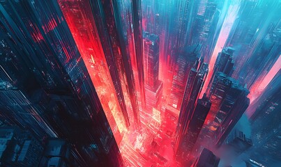Futuristic Cityscape with Red and Blue Lighting