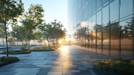 A serene urban landscape at sunrise, showcasing modern architecture and lush greenery.