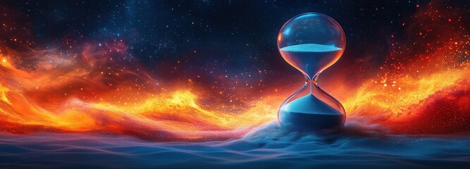 An hourglass glows amidst a brilliant cosmic landscape filled with flames and starry skies