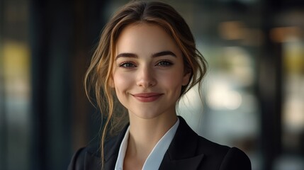 Naklejka premium Close up portrait of a smiling businesswoman in suit standing against office background.