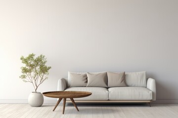 A cozy living room arrangement with a grey sofa and white walls, showcasing a minimalist design and a potted plant for a touch of greenery in a modern home