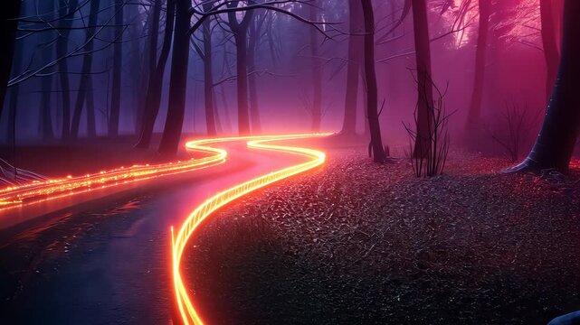Glowing path through mystical forest at night, enchanting journey concept