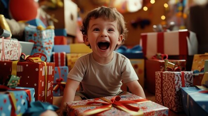 Candid shot of excited child surrounded by birthday gifts and party decorations in natural daylight