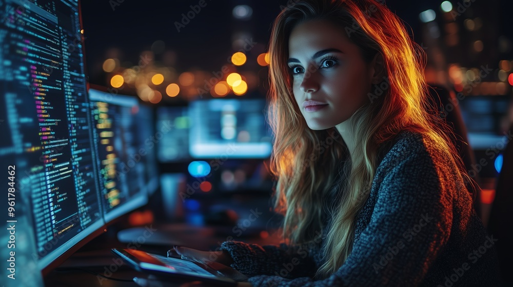 Poster young woman coding at night in a dimly lit workspace with multiple computer screens displaying compl