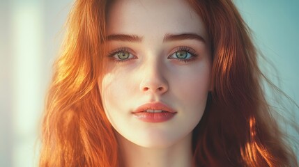 Portrait of a young woman with flowing red hair and captivating green eyes, softly illuminated by natural light.