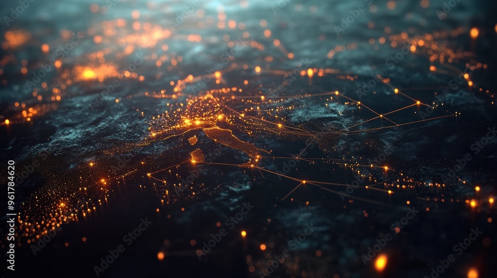 Poster digital representation of global network connections with glowing nodes